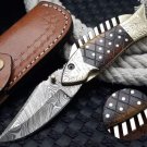 Custom Handmade Damascus Folding Pocket Fish knife With Leather Sheath