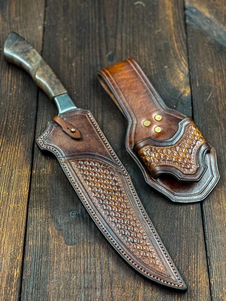 CUSTOM HANDMADE  DAMASUS INTEGRAL BOWIE KNIFE WITH LEATHER SHEATH