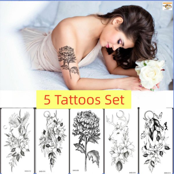 5 Sheets/Set Temporary Tattoo Stickers Waterproof Animal Flowers Deer Body Art