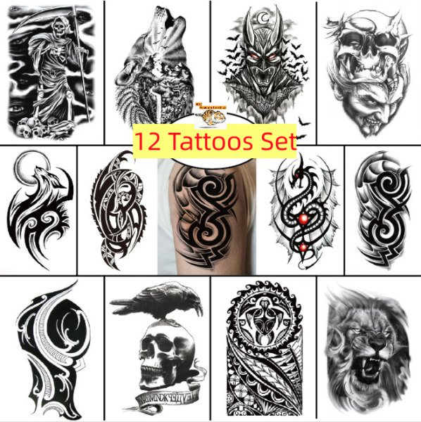 12 Sheets/Set Temporary Tattoo Stickers Waterproof 3D Animal Tiger Wolf Body Art
