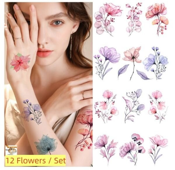 4 Sheets 12 Flowers / Set Temporary Tattoo Stickers Waterproof Floral Body Art