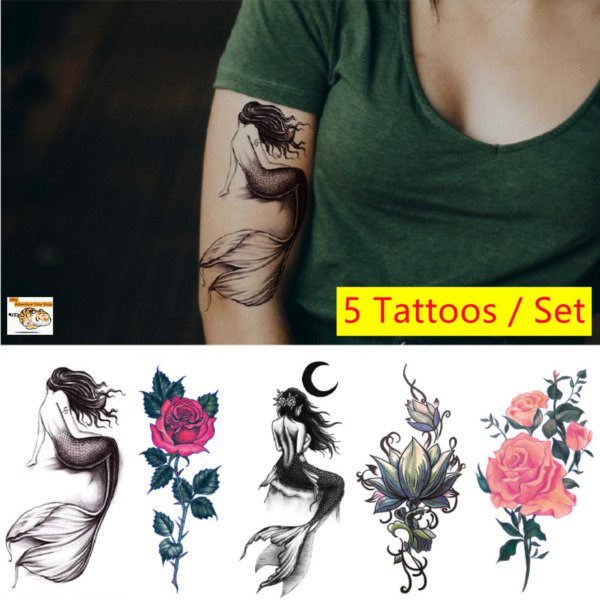 5 Sheets/Set Temporary Tattoo Stickers Waterproof 3D Mermaid Flowers Body Art