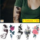 5 Sheets/Set Temporary Tattoo Stickers Waterproof 3D Mermaid Flowers Body Art