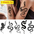 5 Sheets Temporary Tattoo Stickers Waterproof Snake Rose Body Art Fake Tattoo