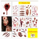 11 Sheets Temporary Tattoo Stickers Waterproof 3D Halloween Horror Scars Makeup