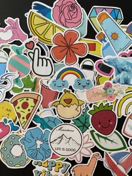 50Pcs Cute Kids Random Fun Themed Waterproof Sticker Pack Pizza Flowers Decals