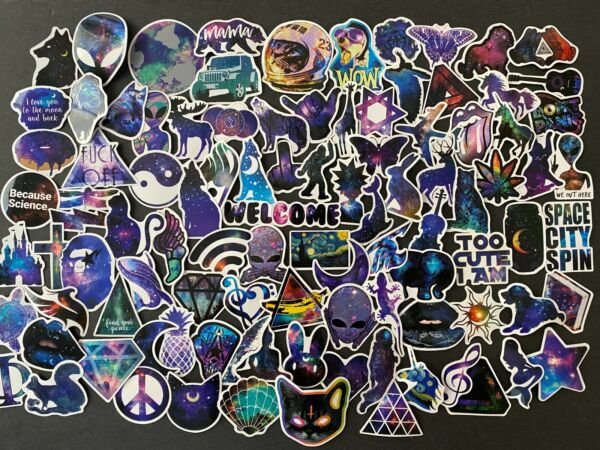 100Pcs Purple Rainbow Random Space Stars Themed Waterproof Stickers Pack Cats Al