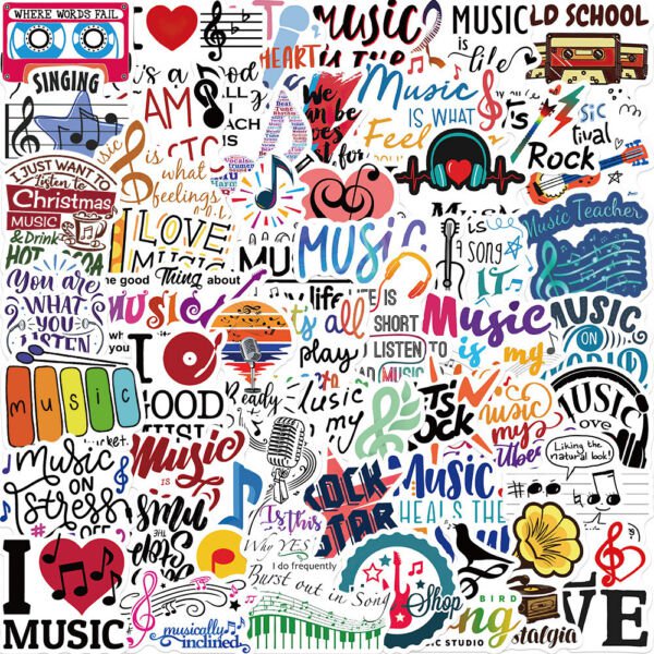 50Pcs Music Words Stickers For Laptop Phone Luggage Computer Guitar Cup Graffiti