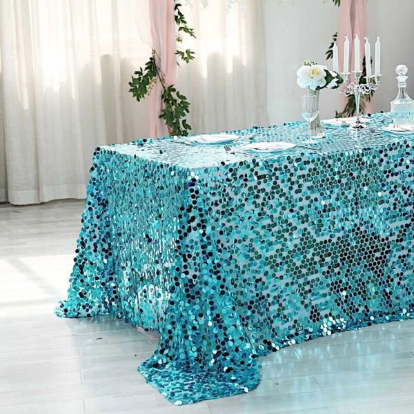 Turquoise Rectangular 90X156" Large Payette Sequin Tablecloth Wedding Catering