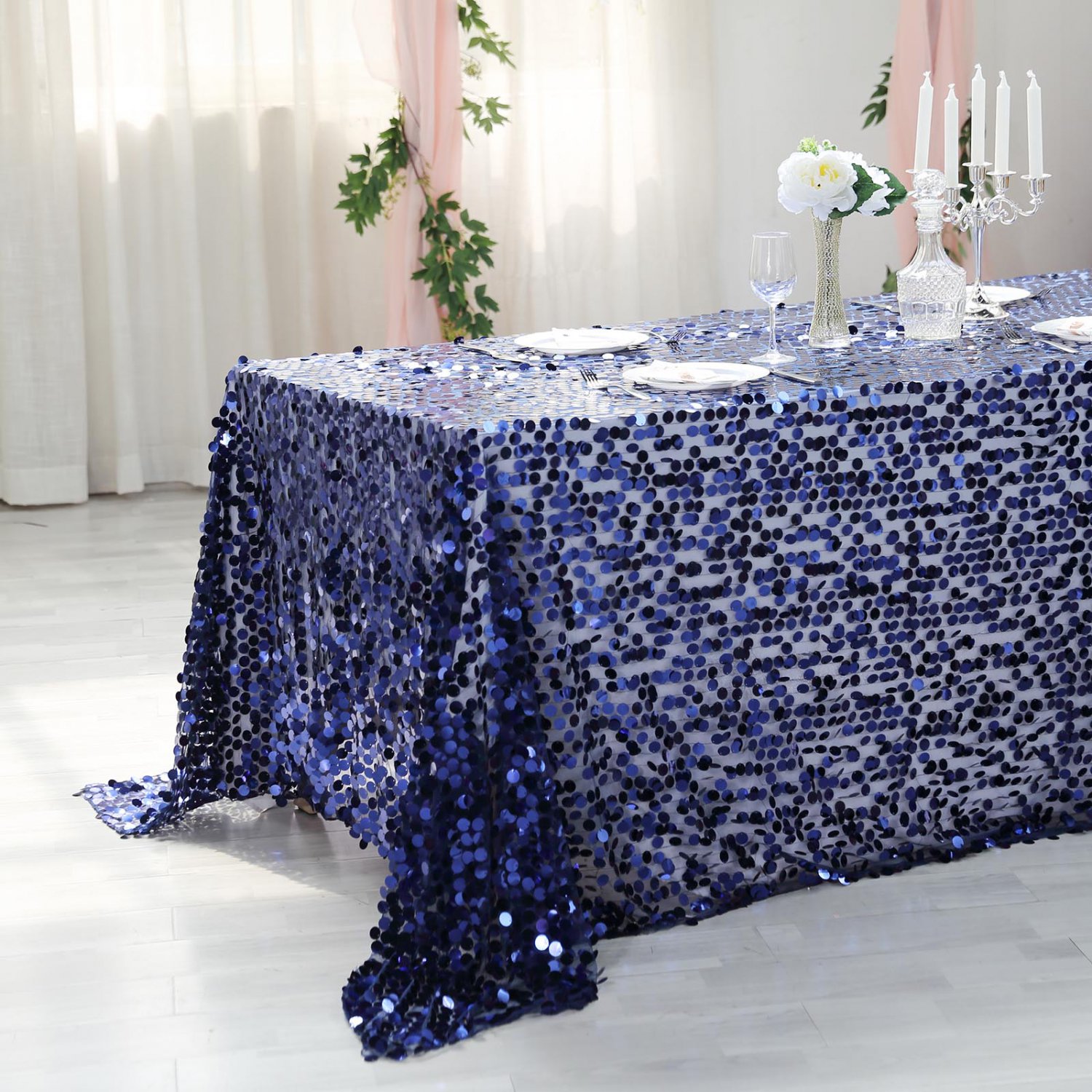 Navy Blue Rectangular 90X156" Large Payette Sequin Tablecloth Wedding Catering