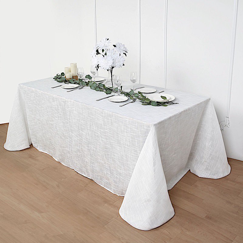 White 90X156" Rectangular Premium Faux Burlap Polyester Tablecloth Wedding Party