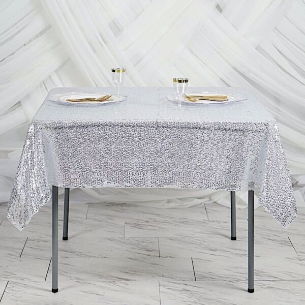Silver Sequin 60X60" Table Overlay Sparkly Light Gray Catering Event Linens