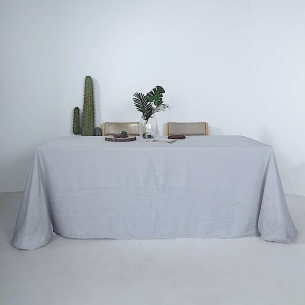 Silver 90X132" Rectangular Premium Faux Burlap Polyester Tablecloth Wedding