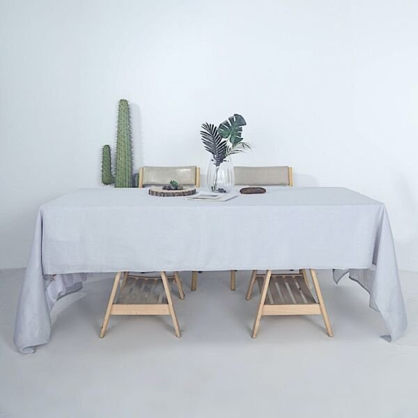 Silver 60X126" Rectangular Premium Faux Burlap Polyester Tablecloth Wedding