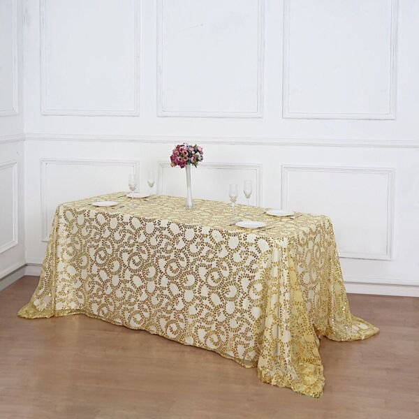 90X156" Gold Sheer Tulle Rectangular Tablecloth Embroidered Sequins Party