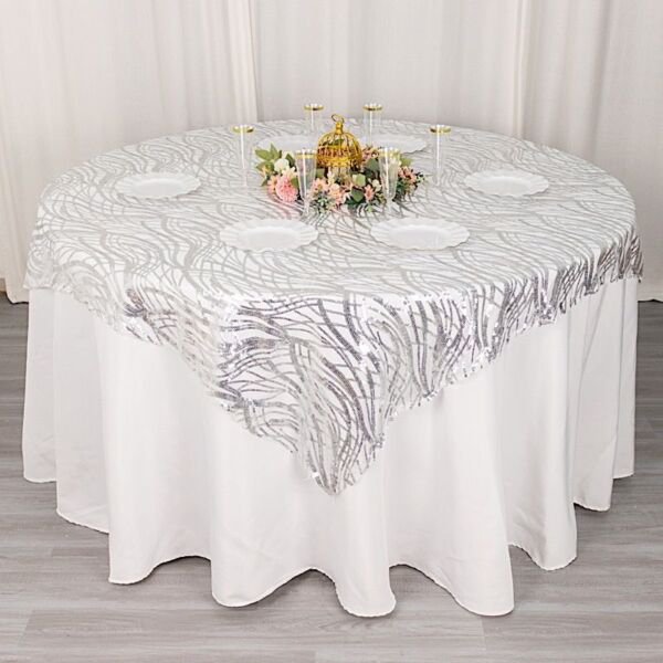 72" X 72" Silver Tulle Square Table Overlay Wavy Embroidered Sequins Party