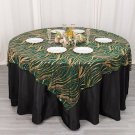 72" X 72" Hunter Green Gold Tulle Square Table Overlay Wavy Embroidered Sequins