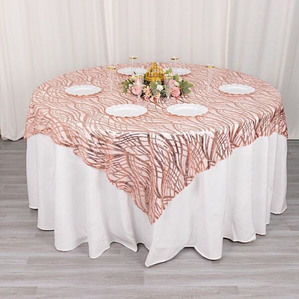 72" X 72" Blush Tulle Square Table Overlay Wavy Embroidered Sequins Party Events
