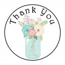 30 Thank You Flowers Blue Mason Jar Favor 1.5 Inch Labels Round Stickers