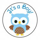 24 Its A Boy Baby Blue Owl Shower Favor Labels Round Stickers 1.67 "