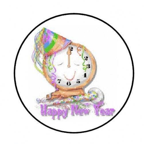 48 Happy New Year Clock Envelope Seals Labels Stickers 1.2" Round