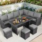 7 Pcs Patio Dining Set All Weather Conversation Set With 3 Ottomans & Cushions, Gray