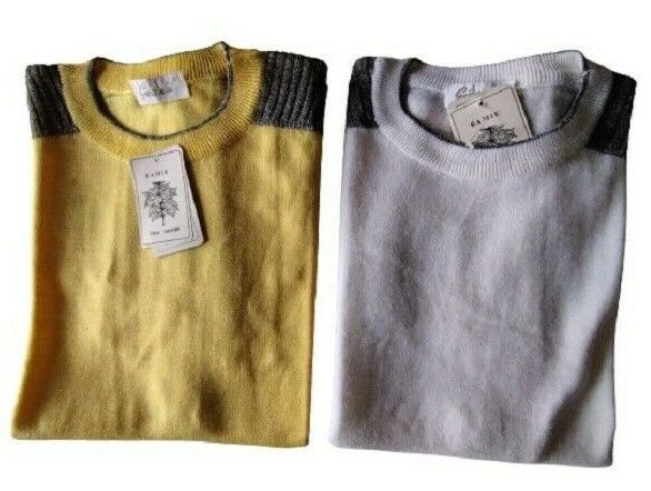 T-Shirt Crew-Neck Man short Sleeve White Yellow Ramie M Or L Giessebi Striped