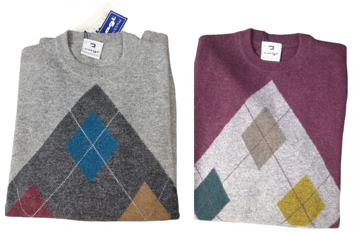 Men's Sweater Crew-Neck Wool Merino Classic Rhombus Cagi Sweater Made IN Italy
