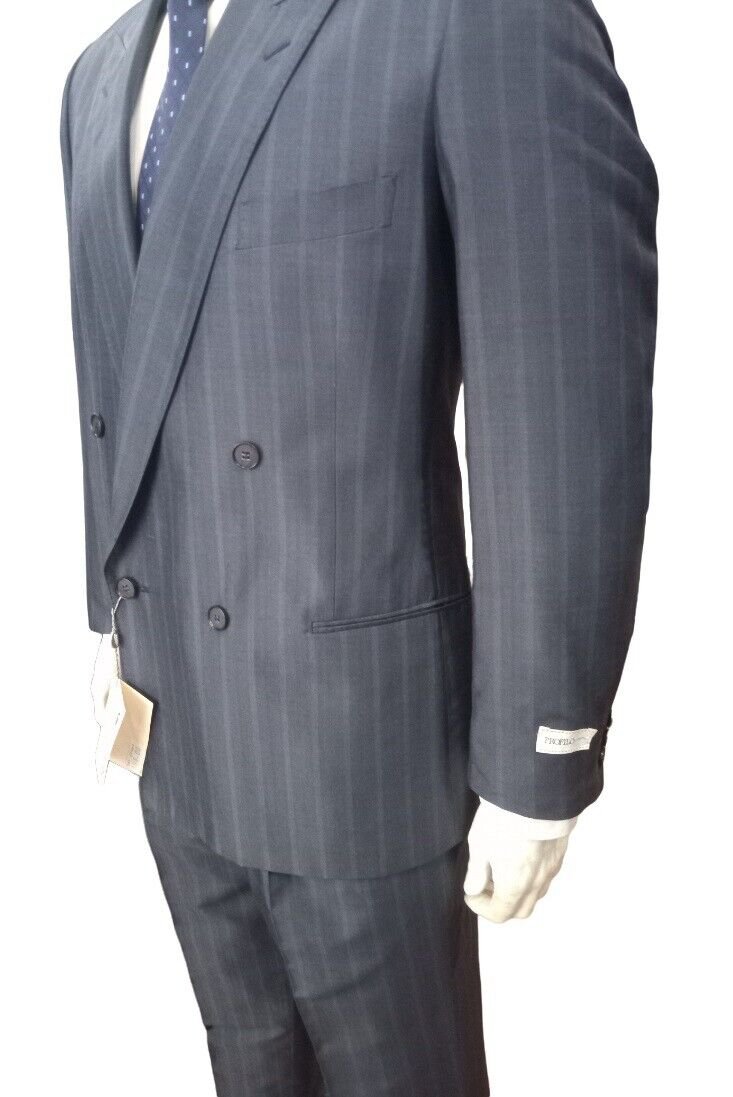 Men's Suit Grey Blue Slim Fit Double Chest Pure Silk Summer Facis