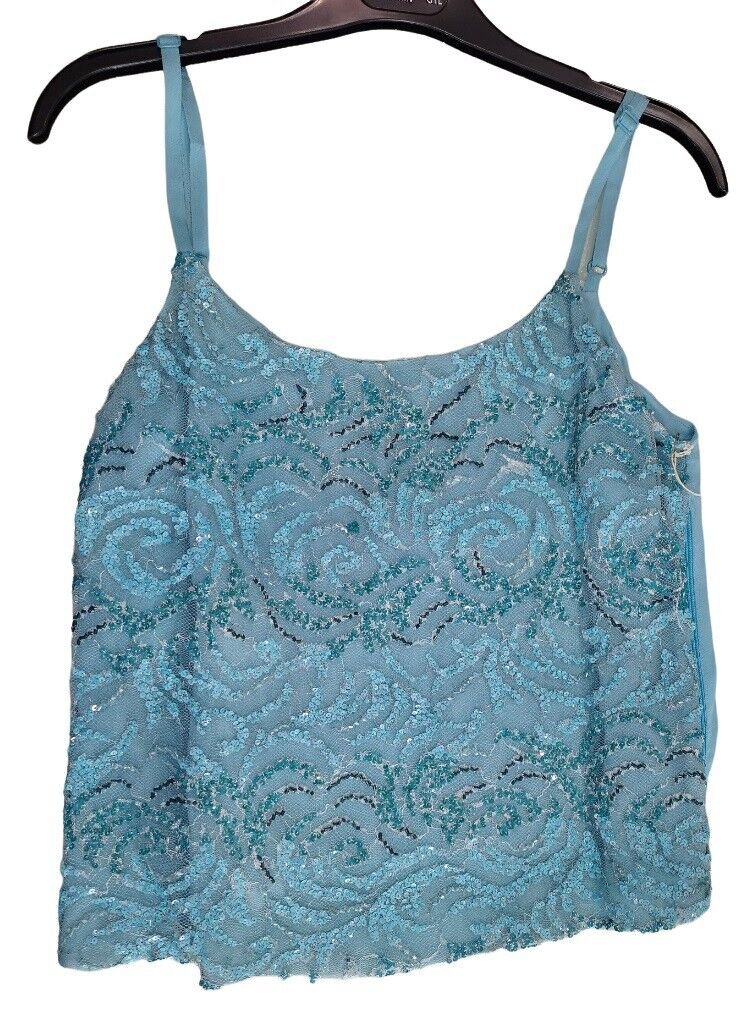 Womens Top Summer Short Elegant Sequins Baby Blue Made IN Italy Size 42 44