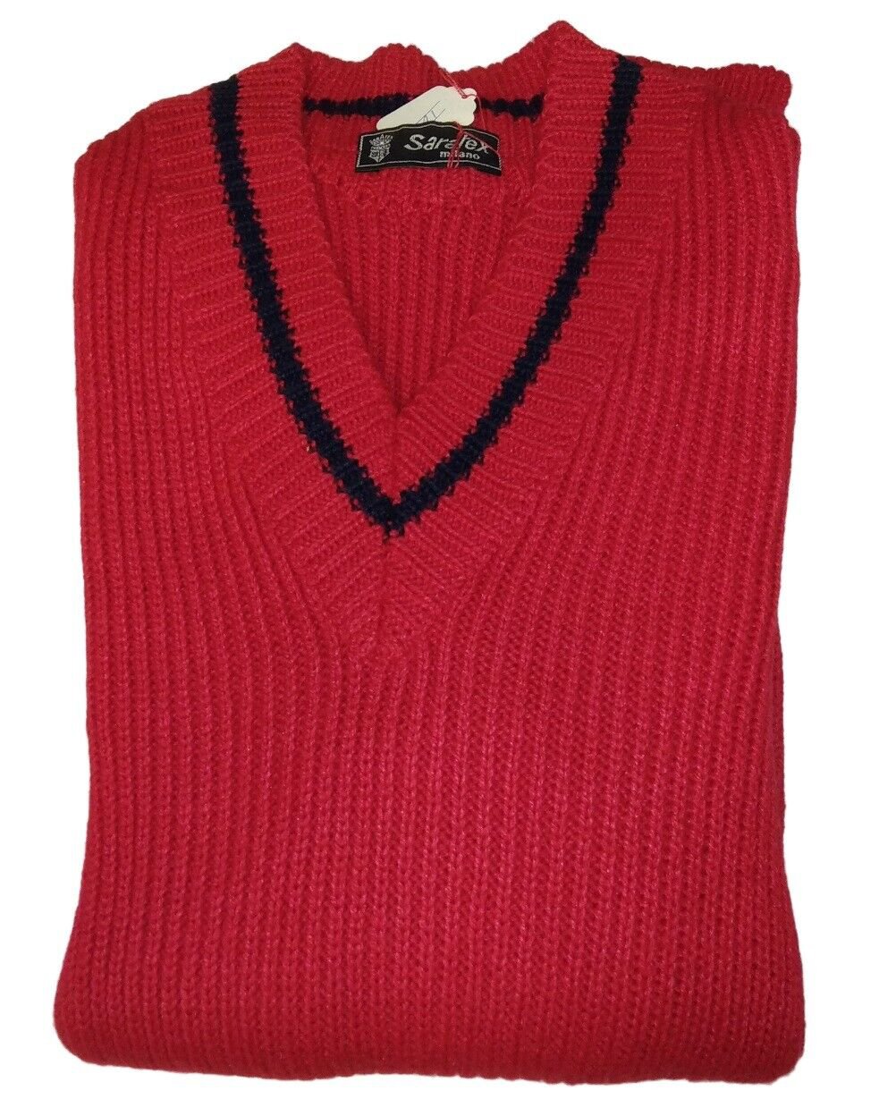 Pullover Man Wool Red Classic Size IV (M) Sweater Vintage Slim V Neck Italy
