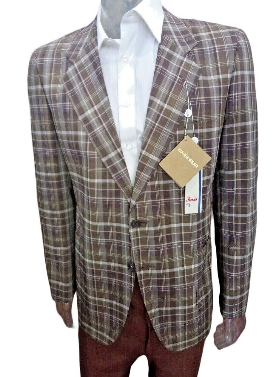 Men's Jacket Cotton Blend Sport Check Brown Facis Size 48 50' Wash And Wear'