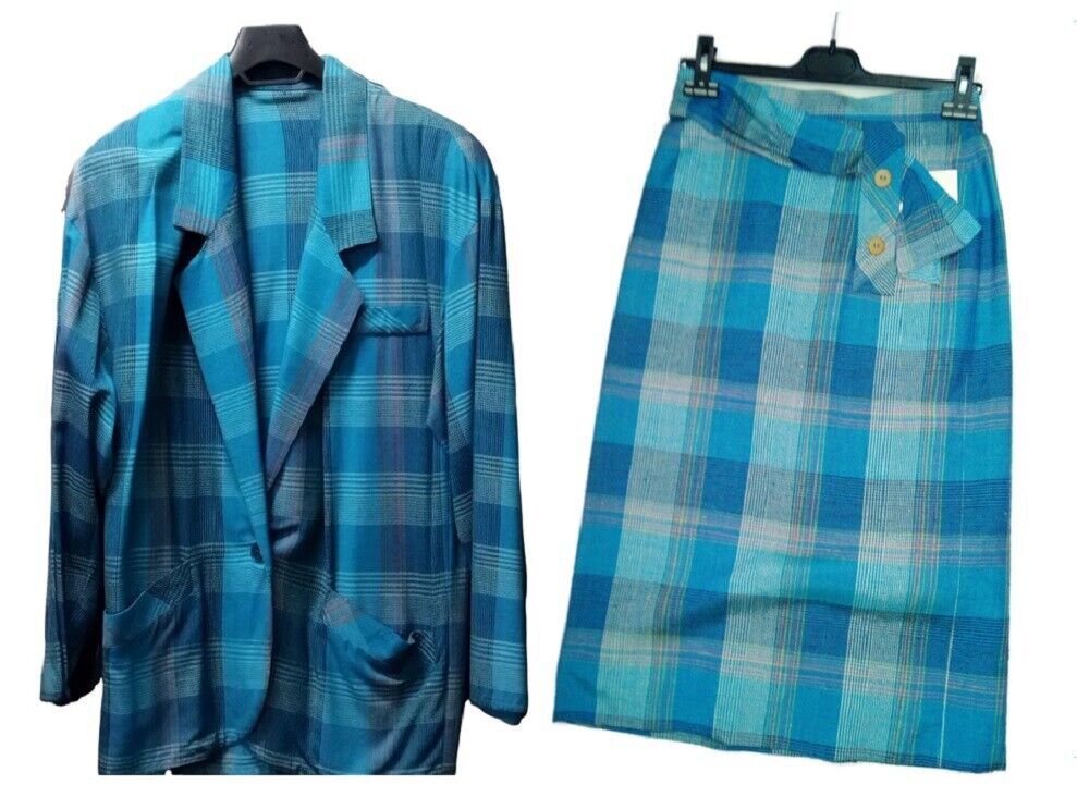 Women's Jacket Single-Breasted Skirt Summer Viscose Linen Blue Tartan 42 44