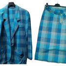 Women's Jacket Single-Breasted Skirt Summer Viscose Linen Blue Tartan 42 44