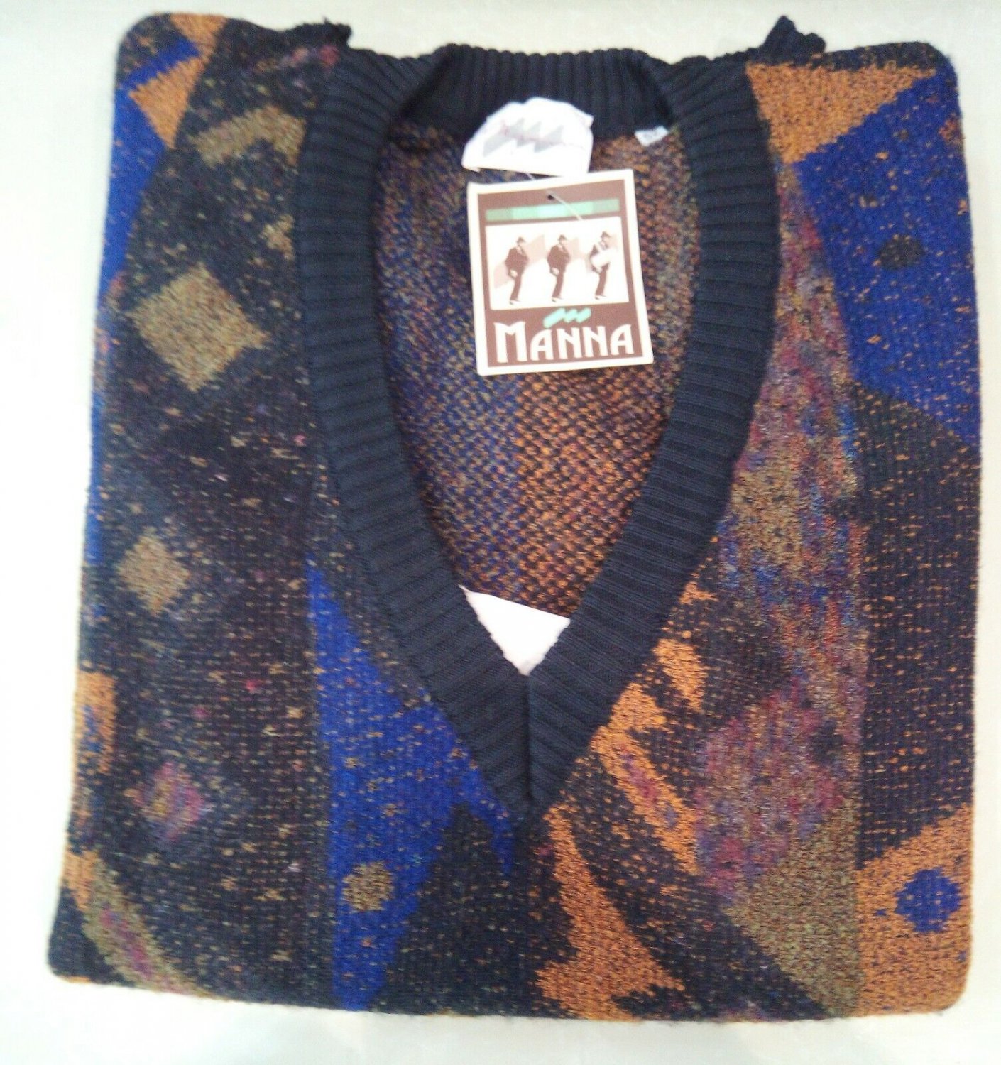 Men's Sweater Wool Blend V Neck XL Wide Fantasy Abstract Blue/Orange Manna