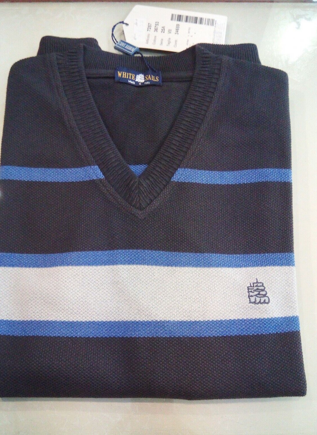 Pullover Man V Neck Cotton Blend Blue XXXL Striped White Sails Spring Classic
