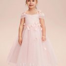 Blushing Pink A-line Cold Shoulder Tea-Length Tulle Flower Girl Dress