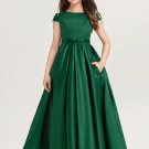 Ball-Gown/Princess Scoop Floor-Length Lace Satin Junior Bridesmaid Dress With Bow