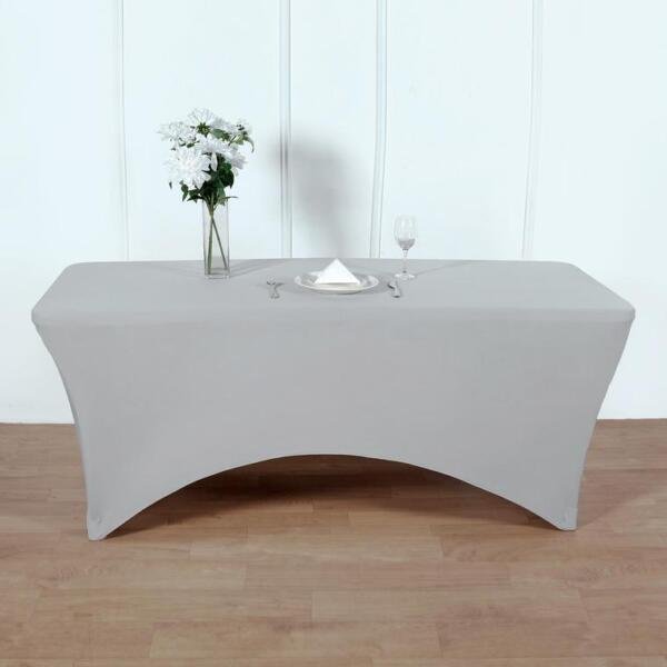 Silver 8 Ft Rectangle Spandex Stretch Table Cover Fitted Tablecloth Wedding