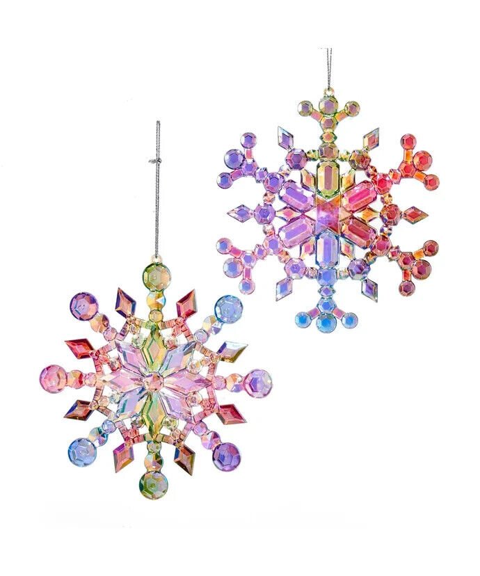 Set of 2 Multicolored Iridescent Snowflake Ornaments T2470 w