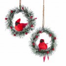 Set of 2 Iced Pine Wreath With Cardinal Ornaments w