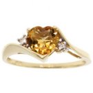 NEW Heart Cut Citrine Yellow Gold Ring with Two Round-brilliant Cut Diamonds	