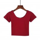 Wine Red Women's O Neck Short Sleeve Basic Crop Top