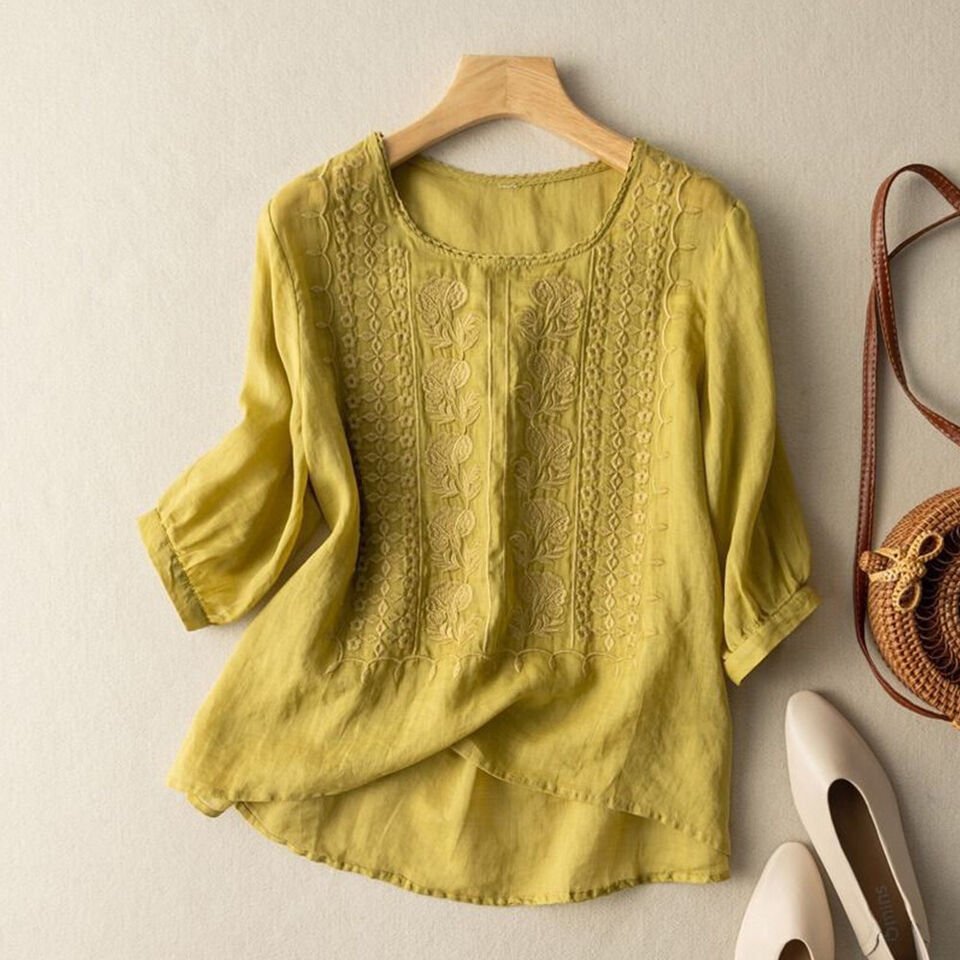 Tops Tees T-Shirt Pullover Tunic Blouse Floral Crochet 3/4 Sleeve Yellow