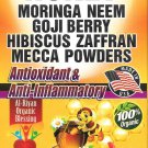 Manuka Honey, Moringa, Neem, Goji Berry, Hibiscus, Saffron and Mecca Powders
