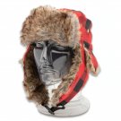 FAUX FUR AND RED PLAID TRAPPER HAT - WOOL OUTER, POLYESTER QUILTED LINING