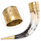 VIKING CHIEFTAIN ALL-NATURAL DRINKING HORN WITH HAMMERED BRASS TRIM