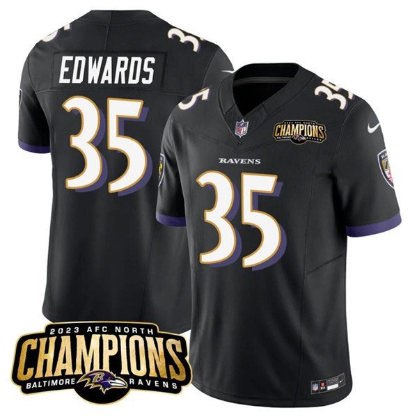 Men's Baltimore Ravens Gus Edwards Black #35 2023 Champions Limited Football Stitched Jersey