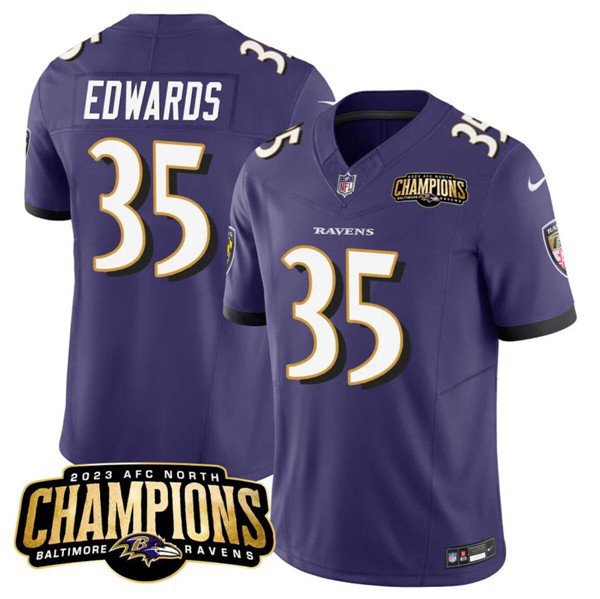 Men's Baltimore Ravens Gus Edwards #35 Purple 2023 Champions Limited Football Stitched Jersey