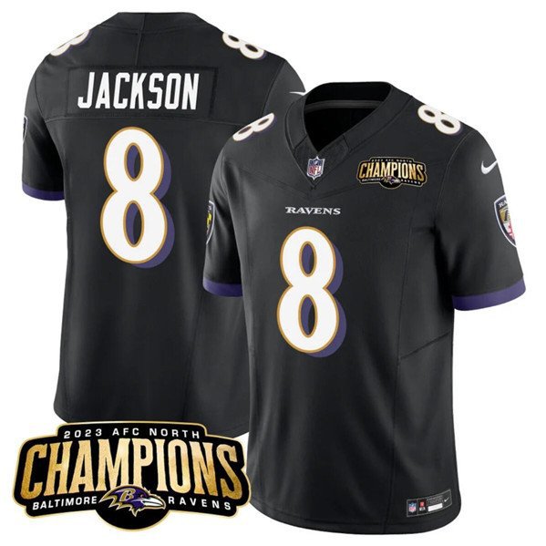 Men's Baltimore Ravens Lamar Jackson #8 Black 2023 Champions Vapor Limited Football Stitched Jersey